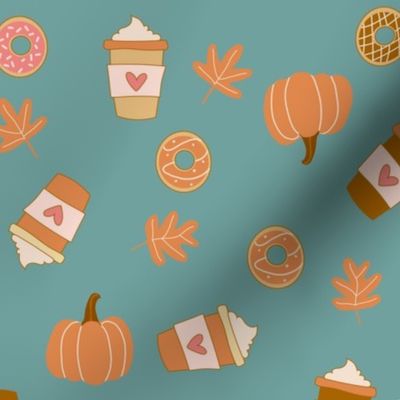 Small Pumpkin Spice Latte Coffee and Donuts Seasonal Fall Vibes on Teal