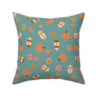 Small Pumpkin Spice Latte Coffee and Donuts Seasonal Fall Vibes on Teal