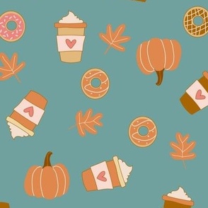 Small Pumpkin Spice Latte Coffee and Donuts Seasonal Fall Vibes on Teal