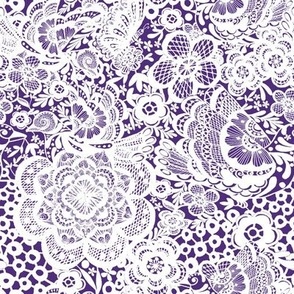 Doves on purple , dove lace with flowers and birds