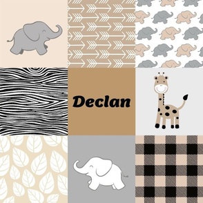 DECLAN Safari Patchwork | Elephants, giraffes, Plaid | Tan, Black, Gray | 3x3 4.5”SQ