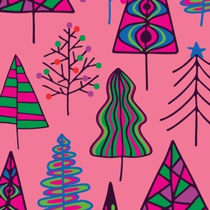 Christmas Trees Winter Holidays Doodle in Non-Traditional Brights on Pink - LARGE Scale - UnBlink Studio by Jackie Tahara