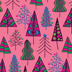 Christmas Trees Winter Holidays Doodle in Non-Traditional Brights on Pink - MEDIUM Scale - UnBlink Studio by Jackie Tahara