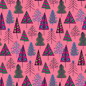 Christmas Trees Winter Holidays Doodle in Non-Traditional Brights on Pink - SMALL  Scale - UnBlink Studio by Jackie Tahara