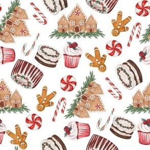 watercolor christmas gingerbread fabric - holiday cakes and candy canes