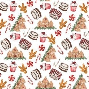 SMALL watercolor christmas gingerbread fabric - holiday cakes and candy canes