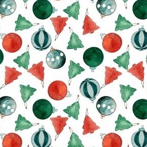 SMALL watercolor christmas ornaments fabric, red and green christmas fabric