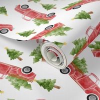 SMALL watercolor christmas truck fabric, red truck fabric, christmas tree design