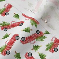 SMALL watercolor christmas truck fabric, red truck fabric, christmas tree design