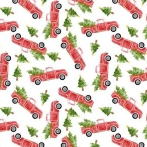 SMALL watercolor christmas truck fabric, red truck fabric, christmas tree design