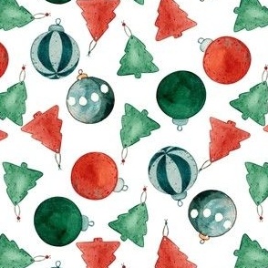 watercolor christmas ornaments fabric, red and green christmas fabric