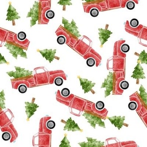 watercolor christmas truck fabric, red truck fabric, christmas tree design