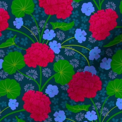 Geraniums Moody Florals Deep Red Purple Green Dark Blue - SMALL Scale - UnBlink Studio by Jackie Tahara