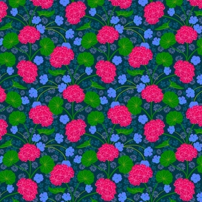 Geraniums Moody Florals Hot Pink Purple Green Dark Blue - SMALL Scale - UnBlink Studio by Jackie Tahara