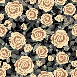 Large roses, Yellow-brown on a black background