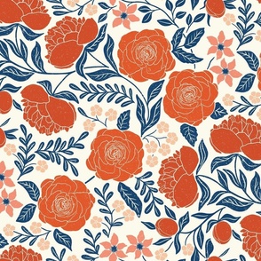 Beautiful Peonies and Rose Garden Retro Blue and Red Large