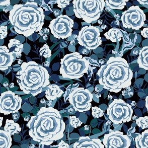 Large roses, Light blue on a black background