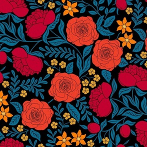 Beautiful Peonies and Rose Garden Retro Colors On Black Large