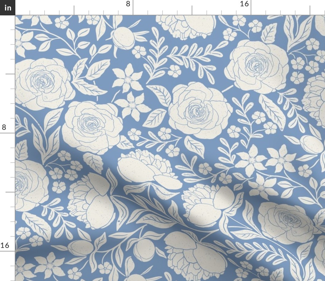 Beautiful Peonies and Rose Garden White and Classic blue Large