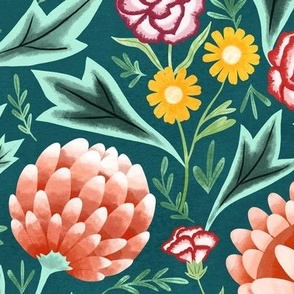 Victorian Floral on Teal - Large Scale
