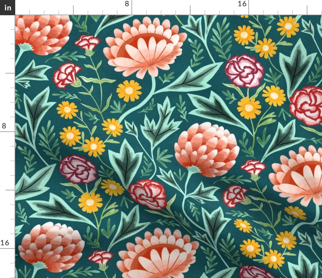 Victorian Floral on Teal - Large Scale