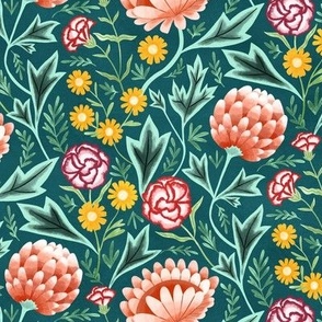 Victorian Floral on Teal - Small Scale