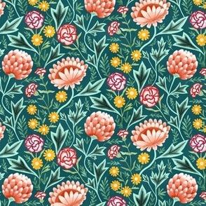 Victorian Floral on Teal - Tiny Scale