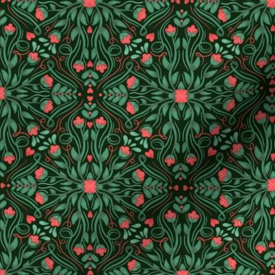 Red and Green Damask Floral Vines