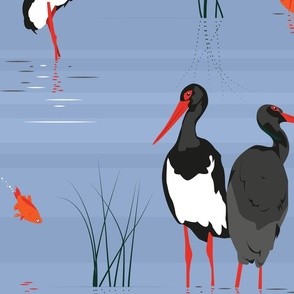 black storks on grey-blue - large scale