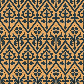 Gothic Revival floral lattice, blue on lighter tawny