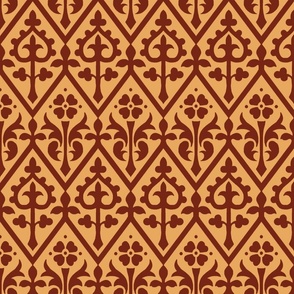 Gothic Revival floral lattice, red on lighter tawny