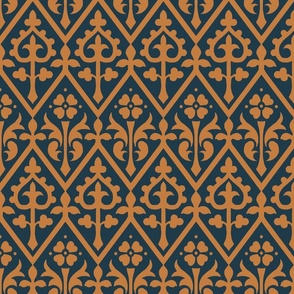 Gothic Revival floral lattice, tawny on blue