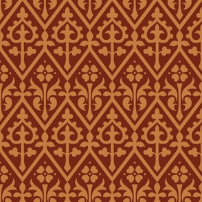 Gothic Revival floral lattice, tawny on red