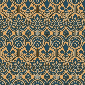 Damask 25, large, blue on lighter tawny