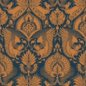 fancy damask with animals, tawny on blue