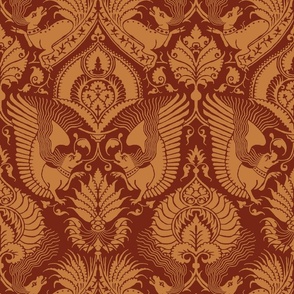 fancy damask with animals, tawny on red