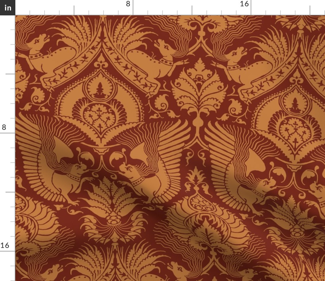 fancy damask with animals, tawny on red