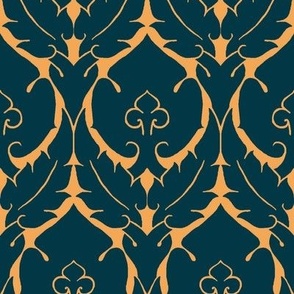 simple Renaissance damask, blue on tawny