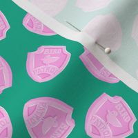 Bird Patrol Badges - Fun Pet Dog Fabric - pink on green - LAD22