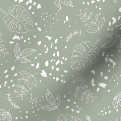 Jungle leaves and cheetah spots tropical monstera branches and botanical plants natural earthy boho theme nursery freehand white on sage green