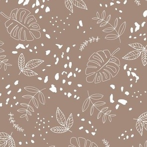 Jungle leaves and cheetah spots tropical monstera branches and botanical plants natural earthy boho theme nursery freehand white on latte beige 