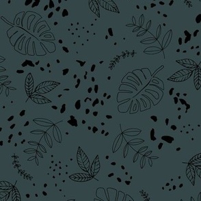 Jungle leaves and cheetah spots tropical monstera branches and botanical plants natural earthy boho theme nursery freehand black on vintage blue