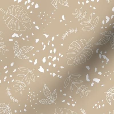 Jungle leaves and cheetah spots tropical monstera branches and botanical plants natural earthy boho theme nursery freehand white on tan beige