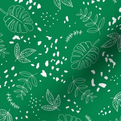 Jungle leaves and cheetah spots tropical monstera branches and botanical plants natural earthy boho theme nursery freehand white on jade green