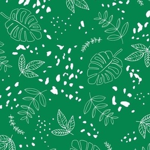 Jungle leaves and cheetah spots tropical monstera branches and botanical plants natural earthy boho theme nursery freehand white on jade green