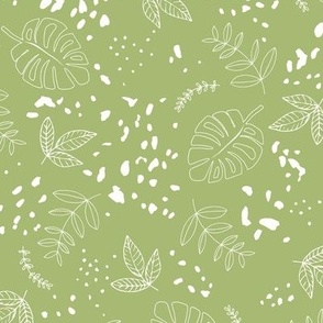 Jungle leaves and cheetah spots tropical monstera branches and botanical plants natural earthy boho theme nursery freehand white on matcha green 