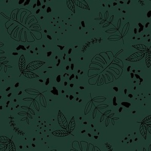 Jungle leaves and cheetah spots tropical monstera branches and botanical plants natural earthy boho theme nursery freehand black on pine green