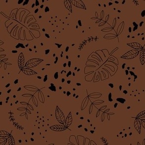 Jungle leaves and cheetah spots tropical monstera branches and botanical plants natural earthy boho theme nursery freehand black on rust