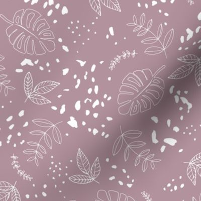 Jungle leaves and cheetah spots tropical monstera branches and botanical plants natural earthy boho theme nursery freehand white on moody purple 