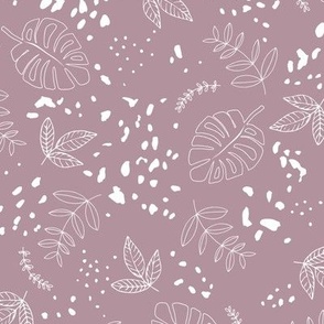 Jungle leaves and cheetah spots tropical monstera branches and botanical plants natural earthy boho theme nursery freehand white on moody purple 